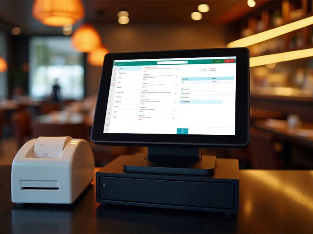 Restaurant table layout and reservation screen on a tablet