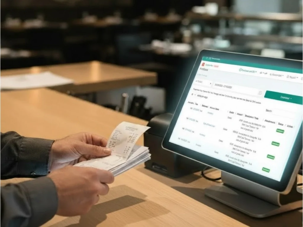 Waiter using a handheld device to take orders